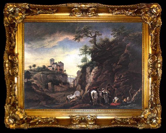 framed  WOUWERMAN, Philips Rocky Landscape with resting Travellers qr, ta009-2